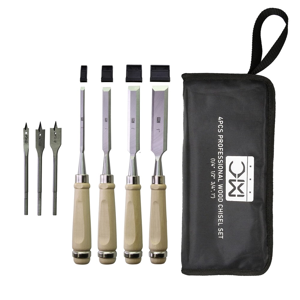 Woodworking 4 PC Wood Chisel Set Chrome-Vanadium Steel with Hornbeam Handles ...