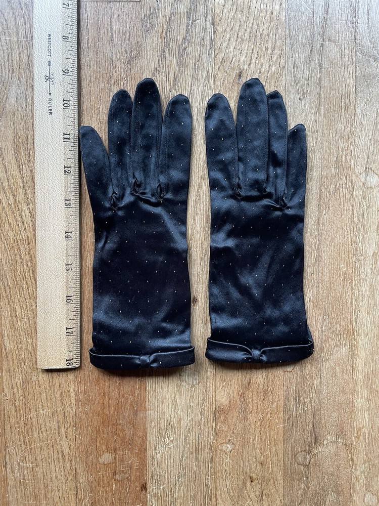 Black Satin Vintage 1940’s 1950’s Gloves Gold Accents