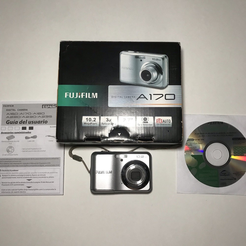Fujifilm FinePix A170 10.2MP Digital Camera Silver with Box Guide CD Tested