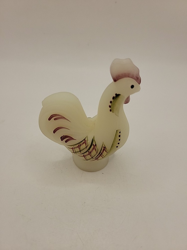Stunning Fenton Opal Satin Hand Painted Folk Art Rooster - Artist Signed Sticker