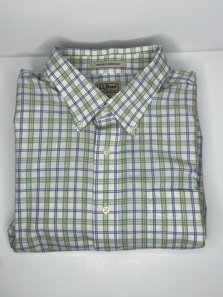 LL Bean Men's XXL Plaid Blue Green Wrinkle Resistant Travel Shirt Business Casual