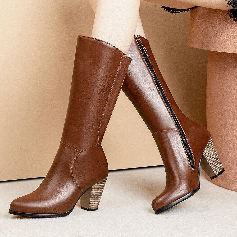 Women Riding Boots Knee High Pointed Toe High Block Heels Booties Shoes Plus Sz