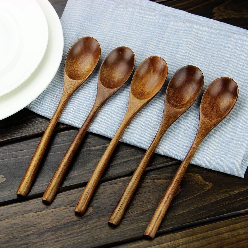 6PCS Wood Spoons Soup Eco Friendly Japanese Tableware Natural Ellipse Wooden