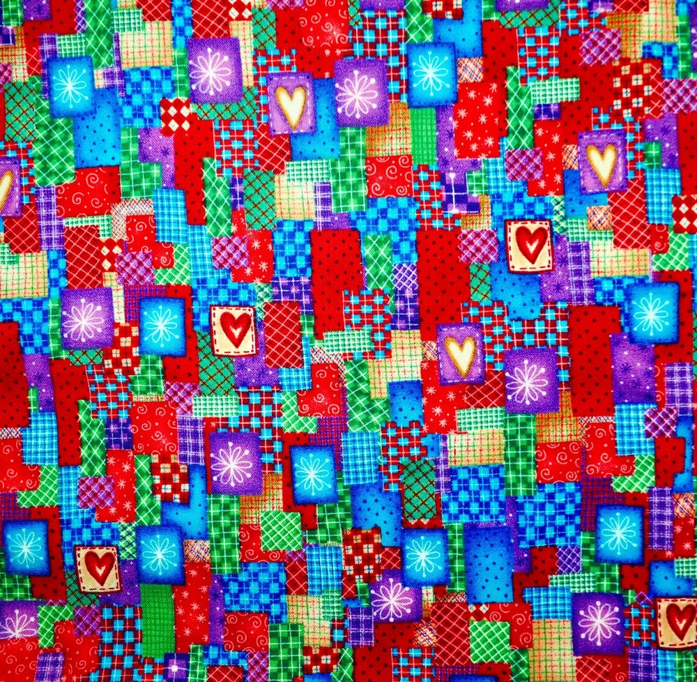 Seasonal Christmas Fabric Red Stockings Presents & Hearts 45