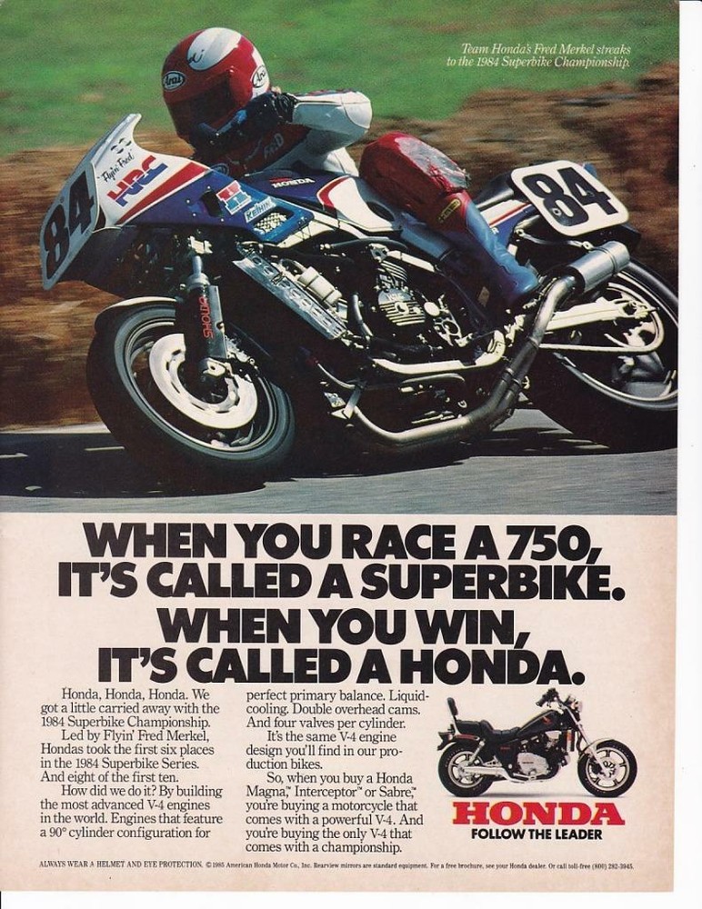 1985 Honda Motorcycle Print-Ad/Fred Merkel/ 1984 Superbike Championship