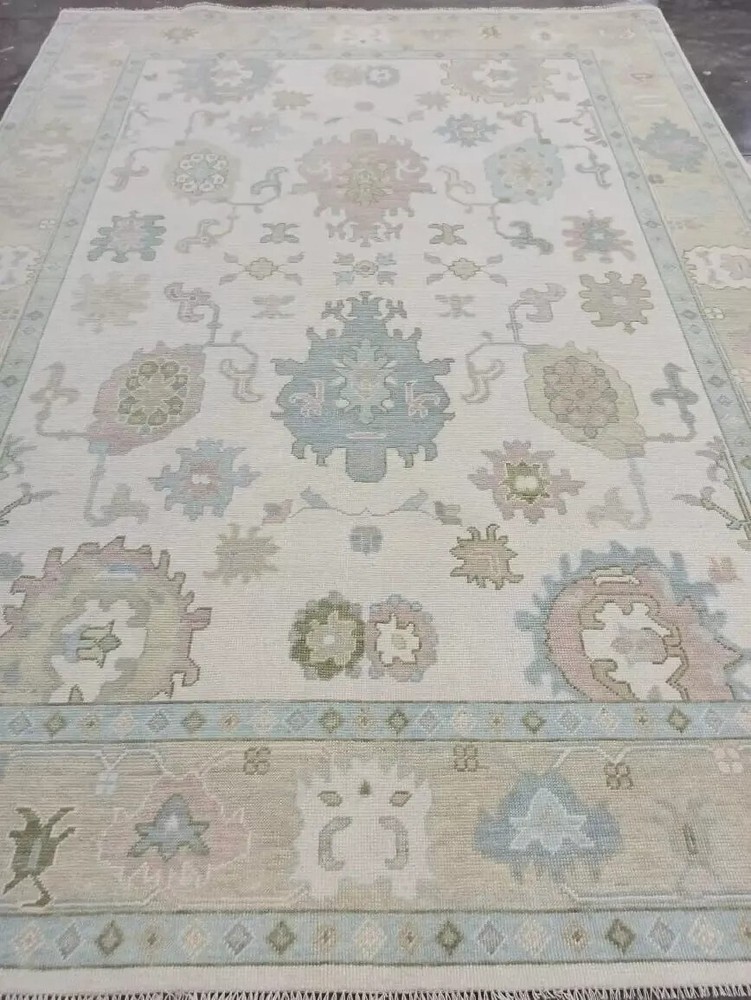 Turkish Rug baige Hand Knotted Antique Oriental Oushak Wool Area Carpet 5x8