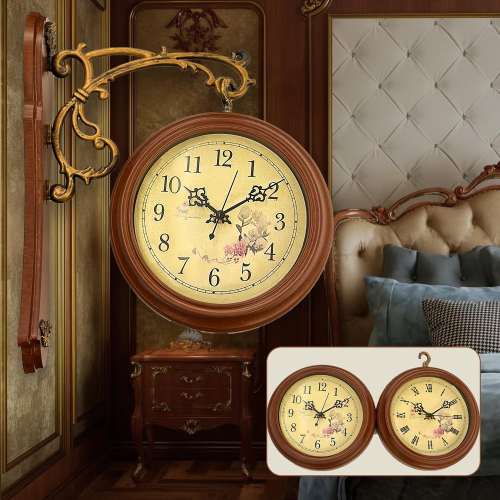 Vintage 9 Inch Double Sided Retro Rust Wall Clock Silent Non Ticking Large Numbers