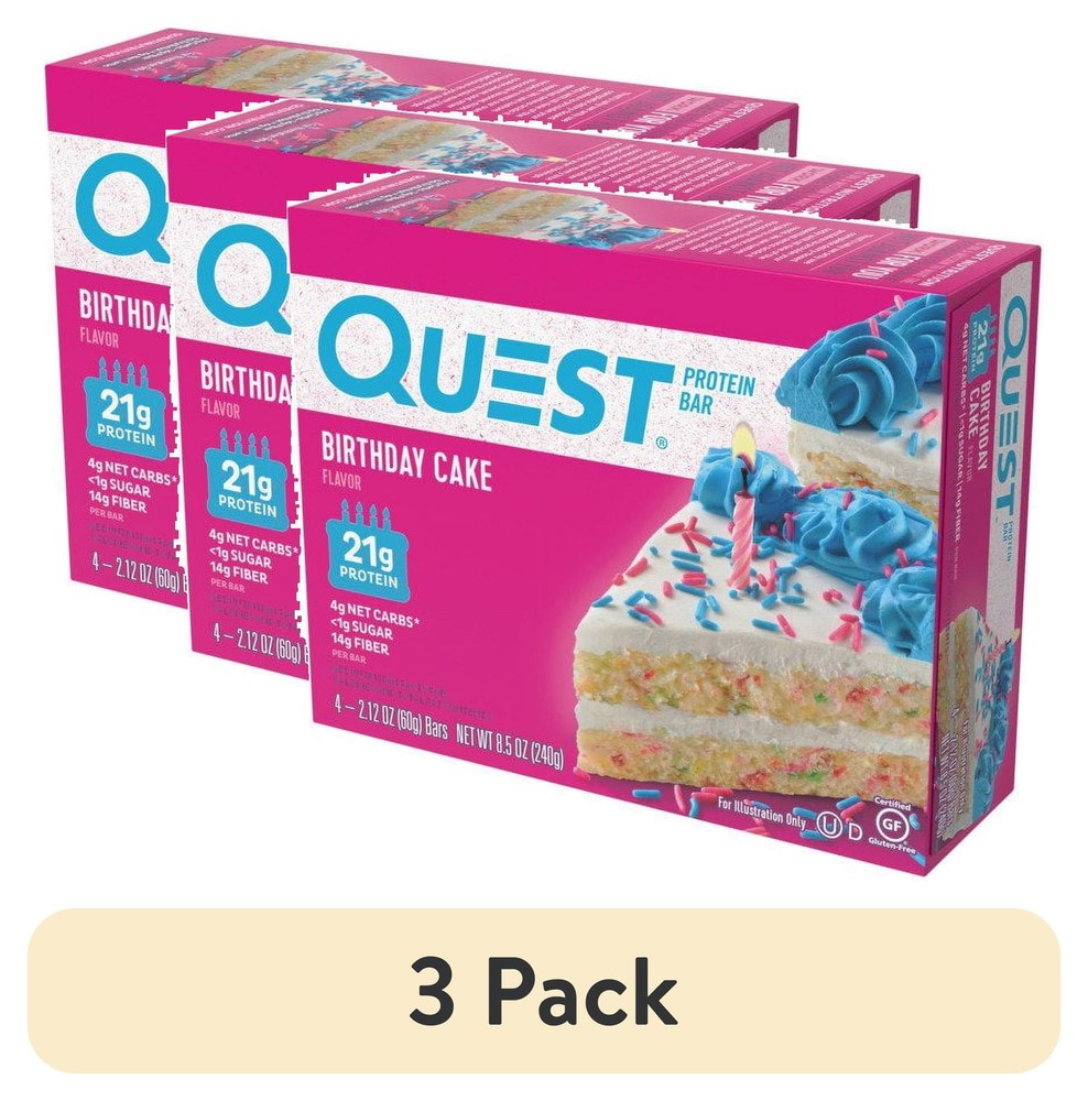 (3 Pack) Quest Birthday Cake Protein Bar, 2.12 Oz. 4 Count 4g Net Carbs 1g Sugar