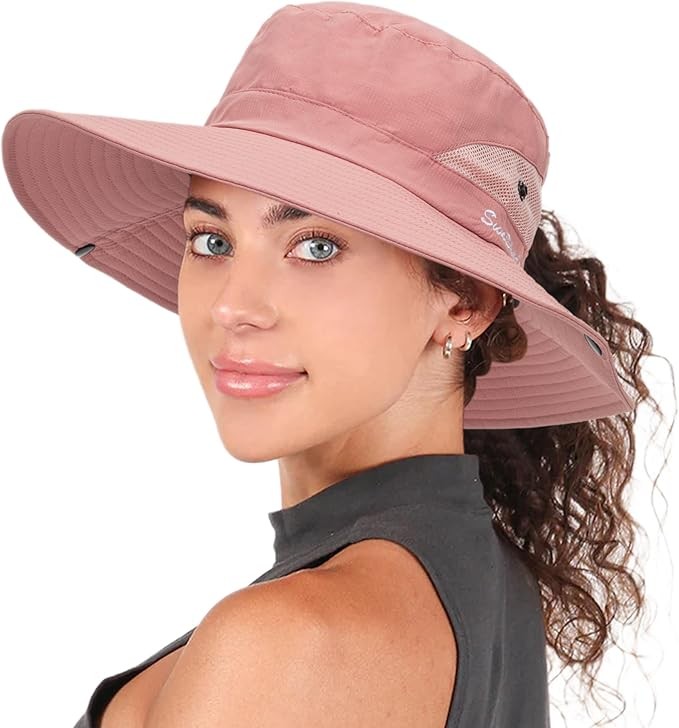 Women's Summer Sun Hat - Wide Brim Bucket Hat with Ponytail Hole & UV Protection