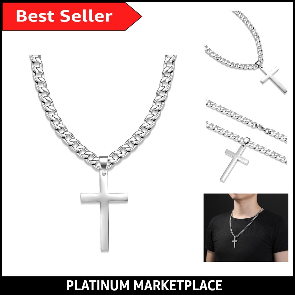 Hypoallergenic mens cross pendant necklace with 7mm Cuban chain