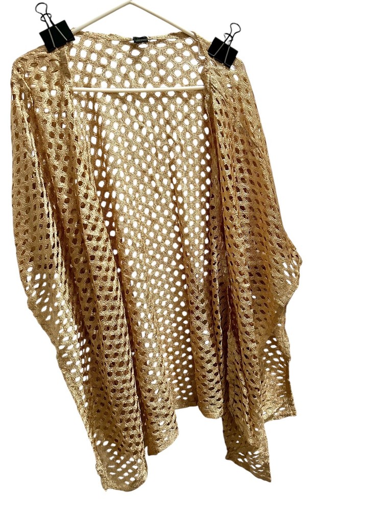 Hand Knit Crochet Fringed Wrap Open Front Shawl Butterscotch Boho 70” x 34”