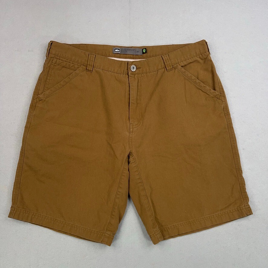 REI Shorts Mens 38 Brown Camel Canvas Cargo Organic Cotton Hiking Camp Work Gorp
