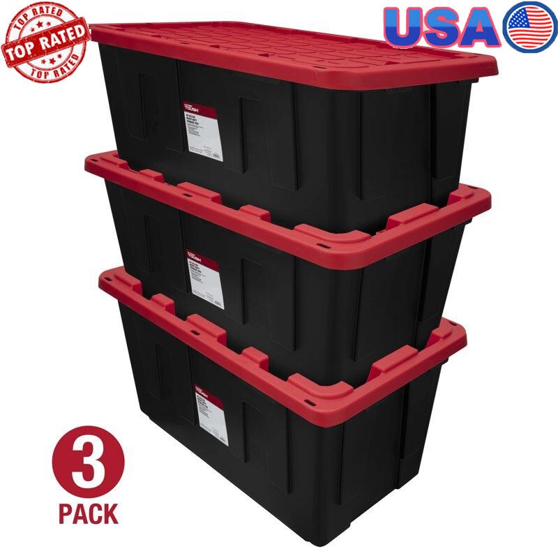 40 Gallon Black Snap-Lid Plastic Storage Bin Set 3 Pack Stackable Organizer Kit