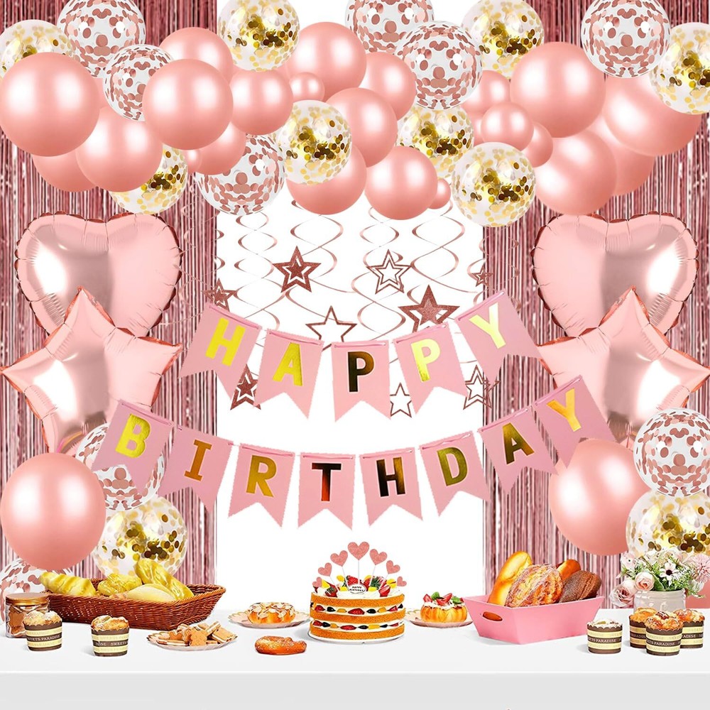 Cumpleaños De Rose Gold Decoracion Globos Banner Cortinas Set Para Mujer Hombre