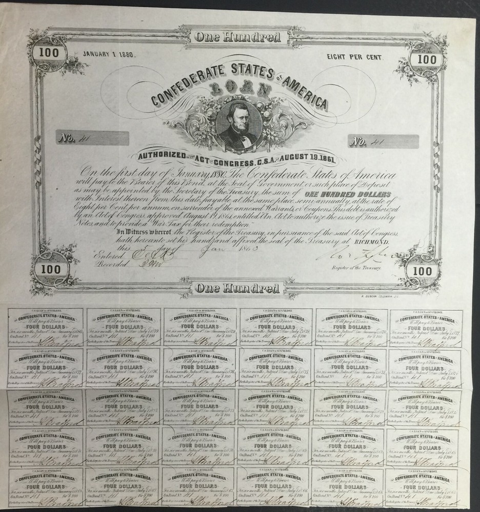 $100 Confederate States Coupon Bond Cr. 46 B-122 Serial 41 Civil War Era Collectible-image
