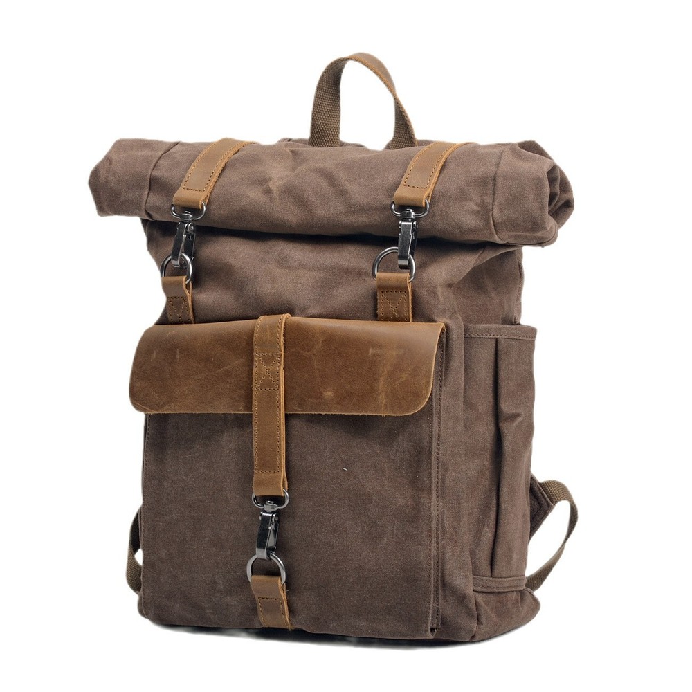 Waxed Canvas Leather Backpack - Unisex Travel Rucksack Camping Hiking Bag 20-35L