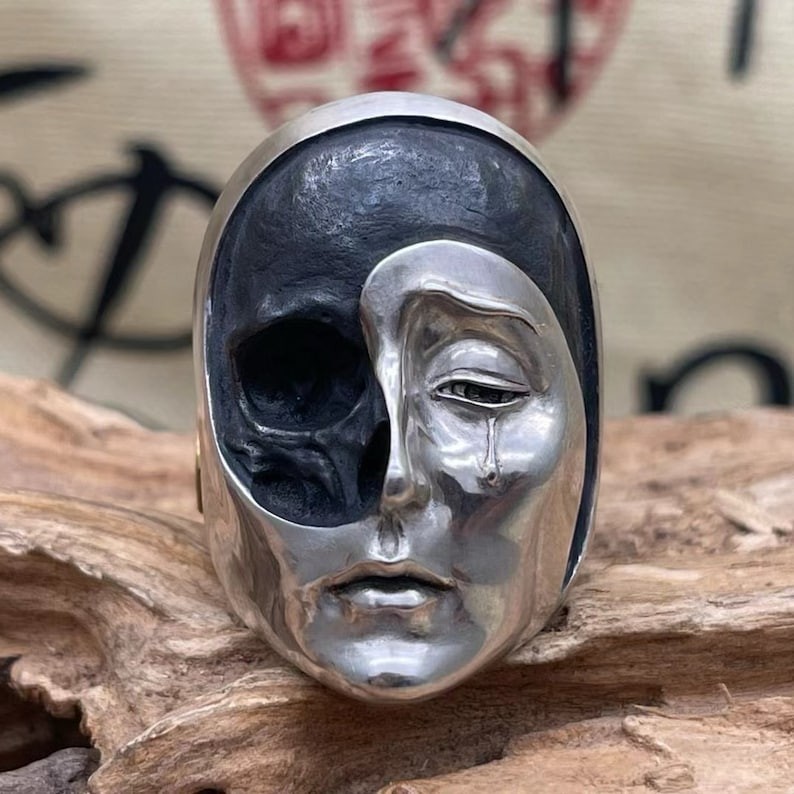 Masked Crying Skull Ring 999 Sterling Silver Handmade Creative Ring Unique Gift