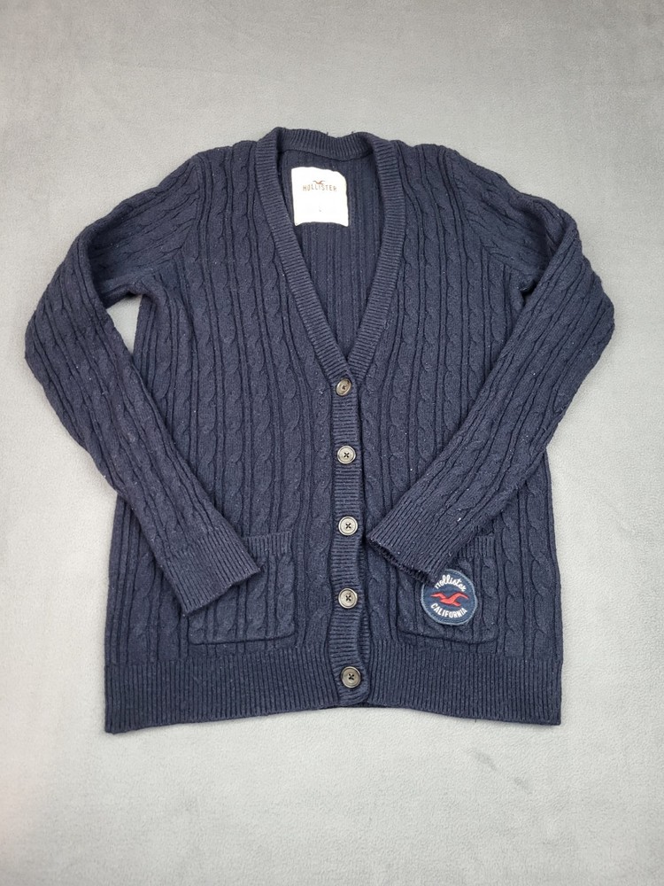 Hollister Men Blue Cable Knit Cardigan with Logo Pocket Preppy Academia Style