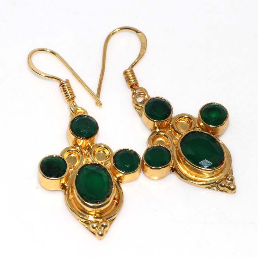 Green Onyx Golden Plated Gemstone Earrings 1.7