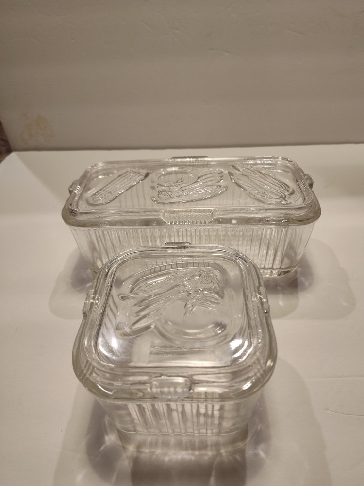 Federal Glass Vintage Clear Refrigerator Dishes & Lids Embossed Veg. Set of 2