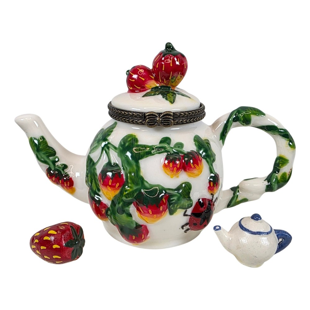 Strawberry Teapot Trinket Box Hinged Cottagecore Decor NIB Direct Connection