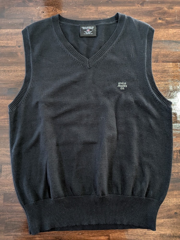 Polo Jeans Ralph Lauren Vest Mens M Black Pullover Sleeveless VNeck VTG 90s Golf