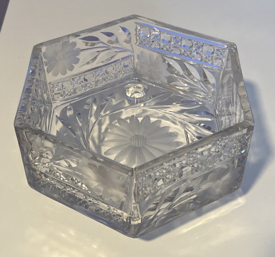 Vintage Octagon Glass Fruit Salad Bowl with Etched Floral Design and Footed Base