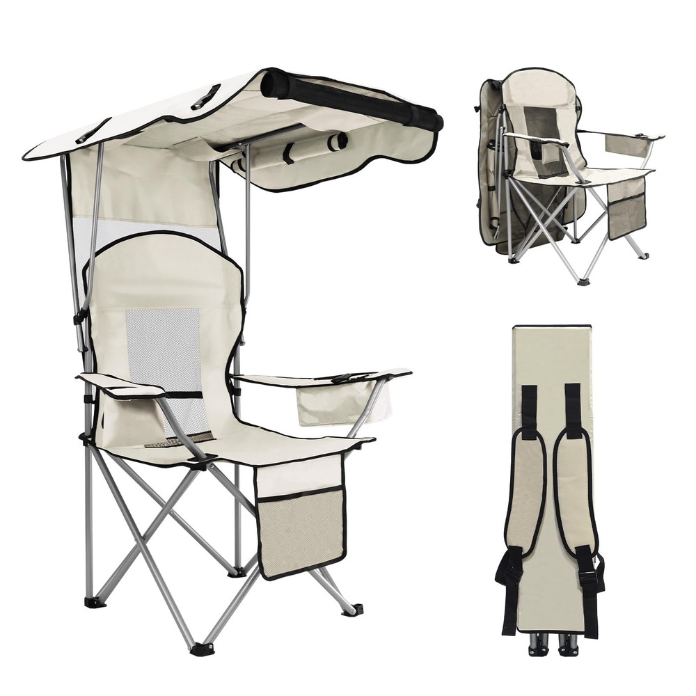 Camping Chair with Canopy Shade Portable Folding Beach Chairs with Cooler, Me...