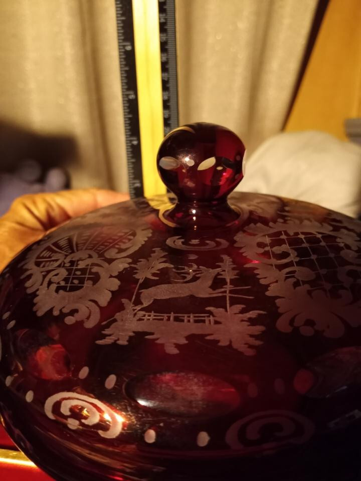 Stunning 1920s Antique Czechoslovakia Ruby Red Etched Glass Bowl with Lid