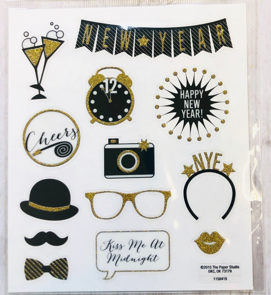 2 Sheets New Year Party Gold Glitter Stickers Papercraft Planner Supply Crafts