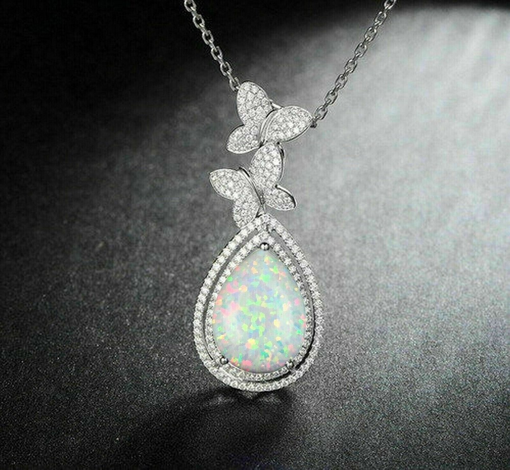 2Ct Pear Cut Fire Opal Teardrop Pendant in 14K White Gold with 18