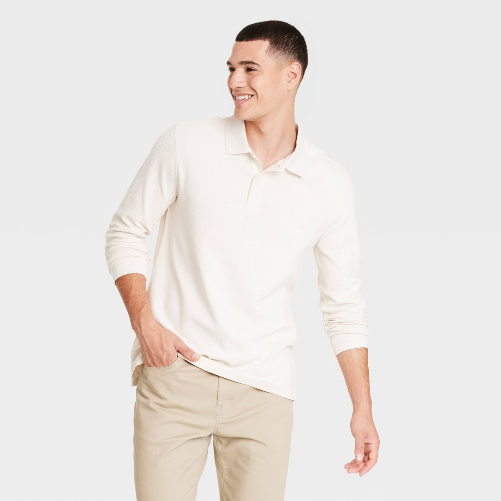 Goodfellow & Co Ivory Long Sleeve Polo Shirt for Men Size Large NWT