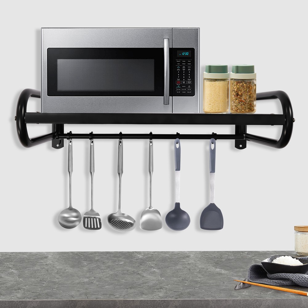 Kitchen Pan Pot Rack Wall Mounted Hanging Storage Organizer Shelf With 6 Hooks