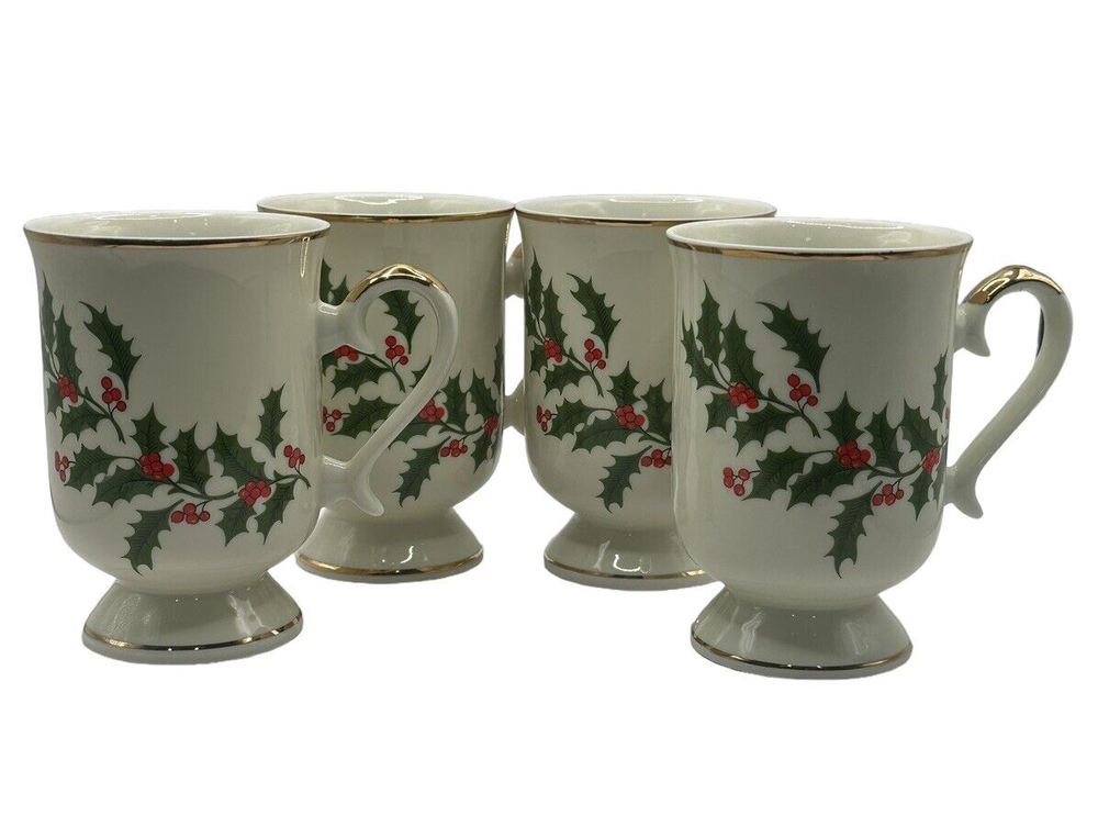 Christmas Holly Berry Footed Mugs Set of 4 Japan Fine China Vintage 1989