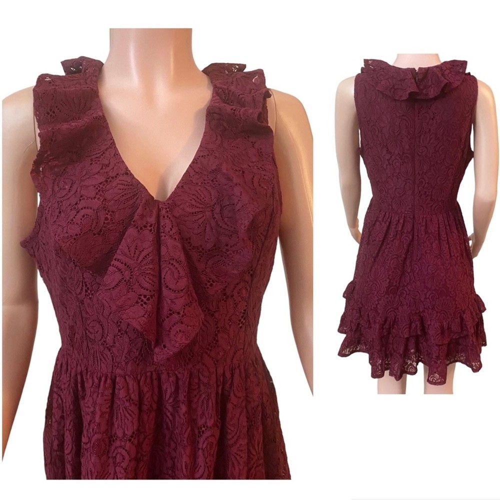 New Lace Fully Lined Ruffled Fit and Flare Party Dress in Burgundy by Francescas