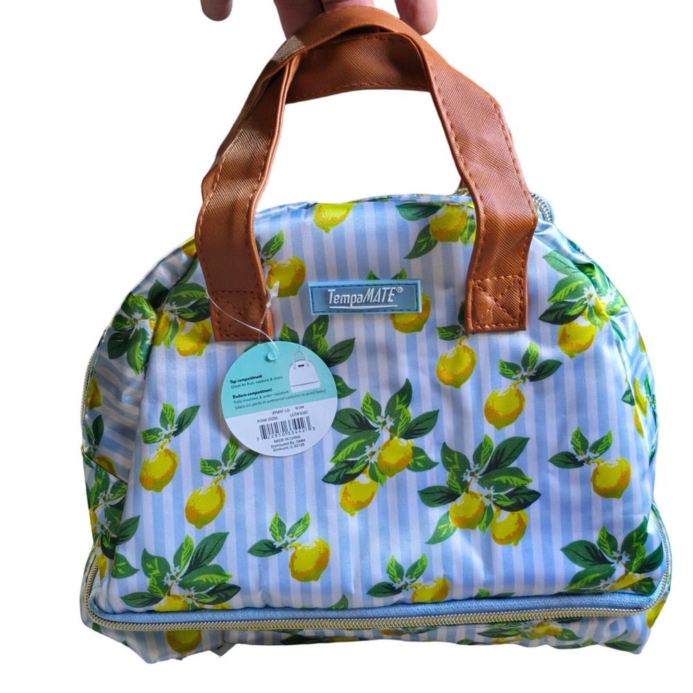 TempaMATE Lemon-Print Insulated Lunch Bag Multi Compartment Zipper Closure