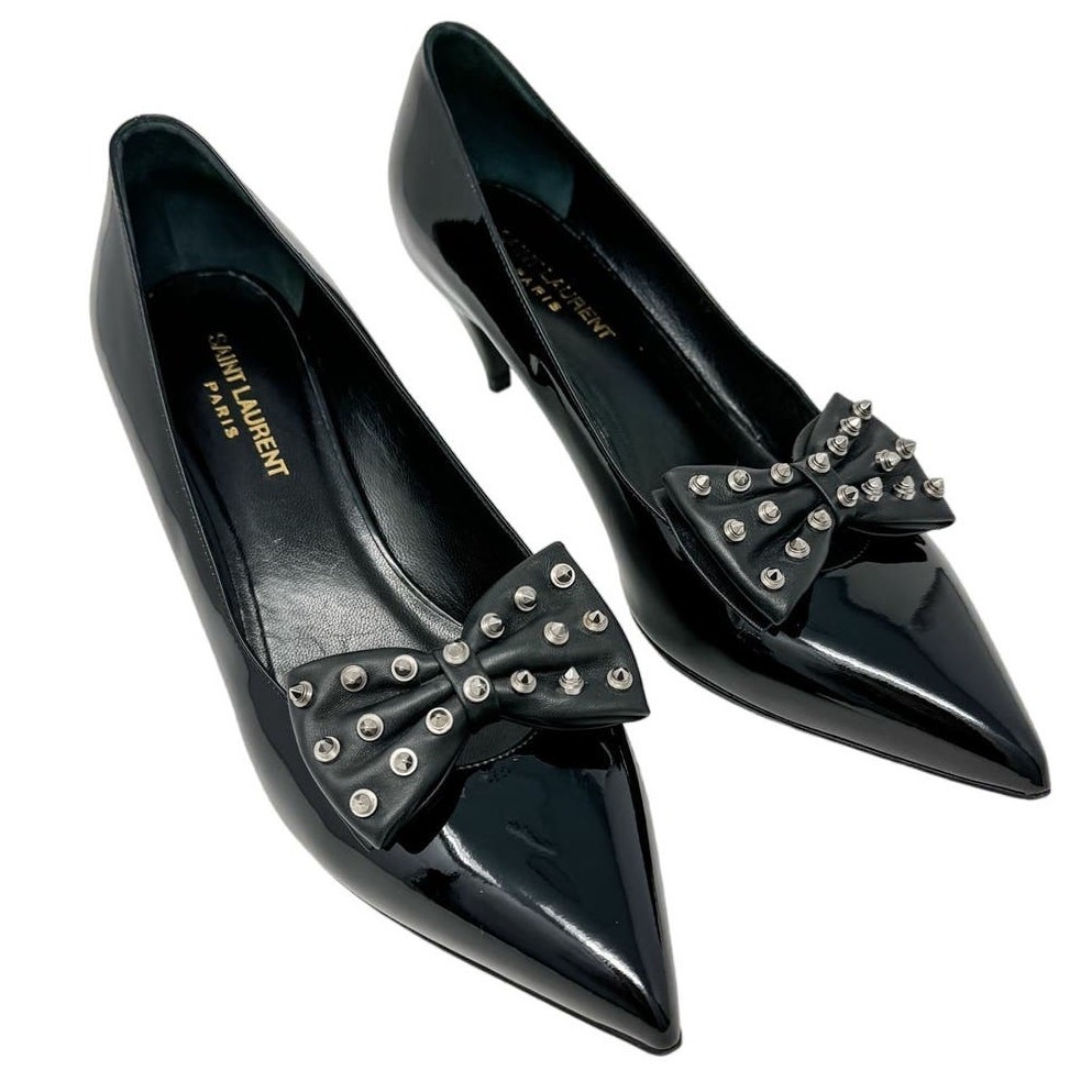 Saint Laurent YSL silver spike studded bow kitten heel pump size 39
