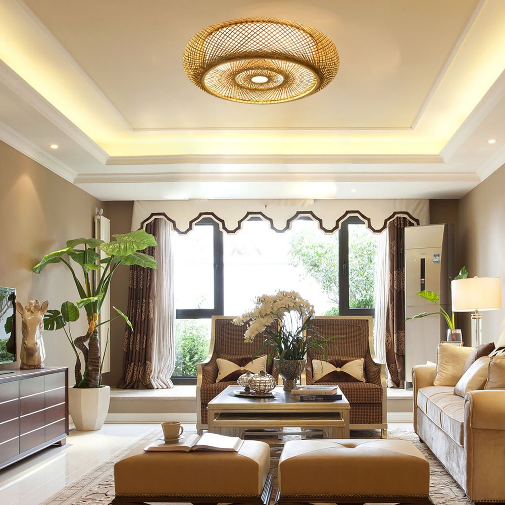 Bamboo Wicker Rattan Lantern 3-Light Flush Mount Ceiling Lamp Fixture Chandelier