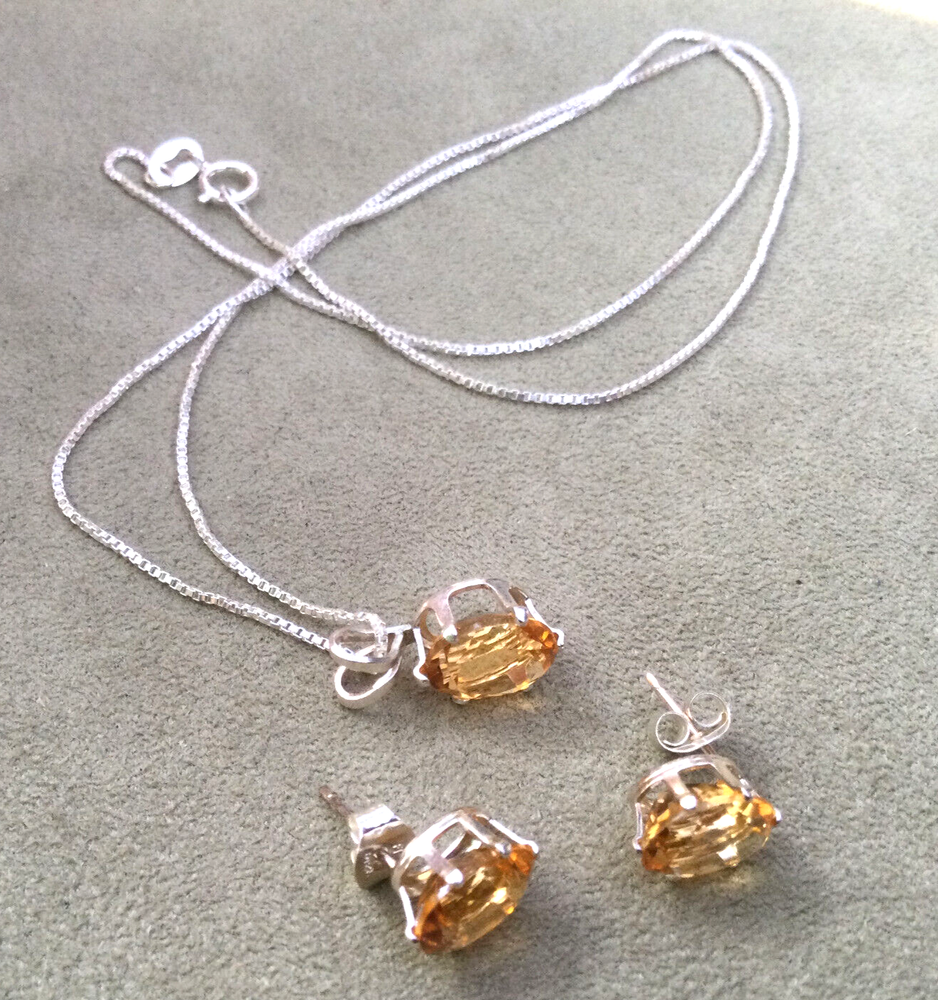 Sterling Silver 18 Inch Chain with Oval 8x6 Citrine Pendant and Stud Earrings Set