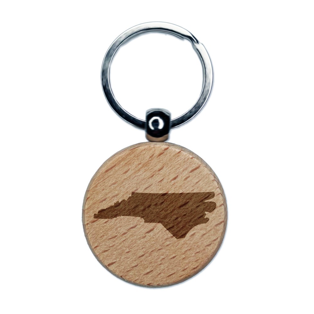 North Carolina State Silhouette Engraved Wood Round Keychain Tag Charm