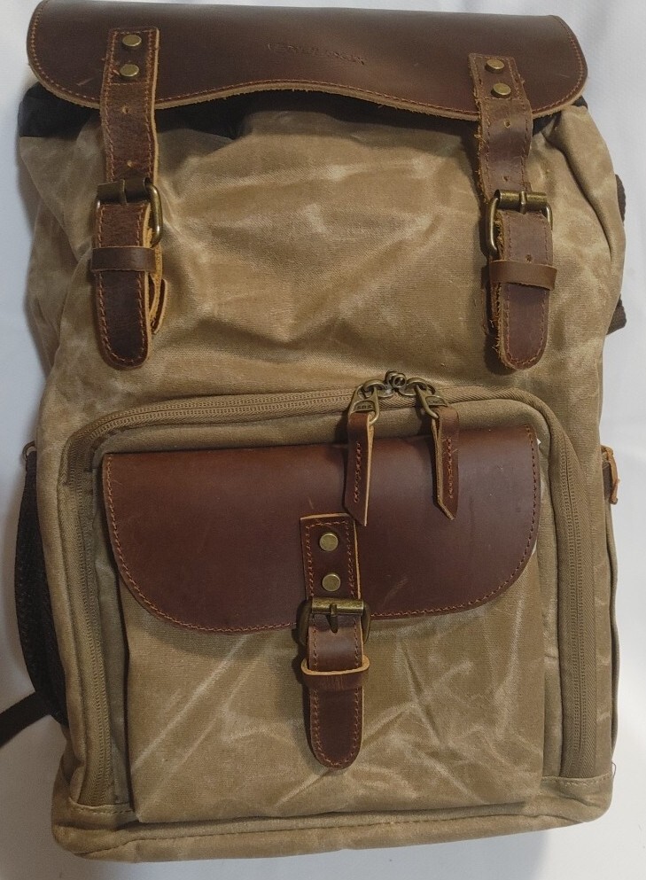 Endurax Leather Camera Backpack & Tripod Holder Khaki Photographers Waterproof