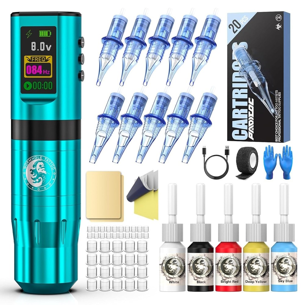 58Pcs Complete Tattoo Kit - LED Wireless Tattoo Pen with 1800mAh Battery