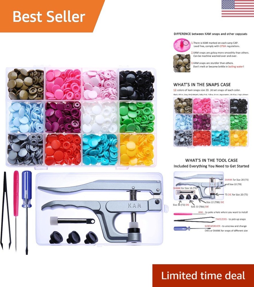 Lead-Free Snap Fasteners Kit - 360pcs Size 20 Snaps + Colorful Options