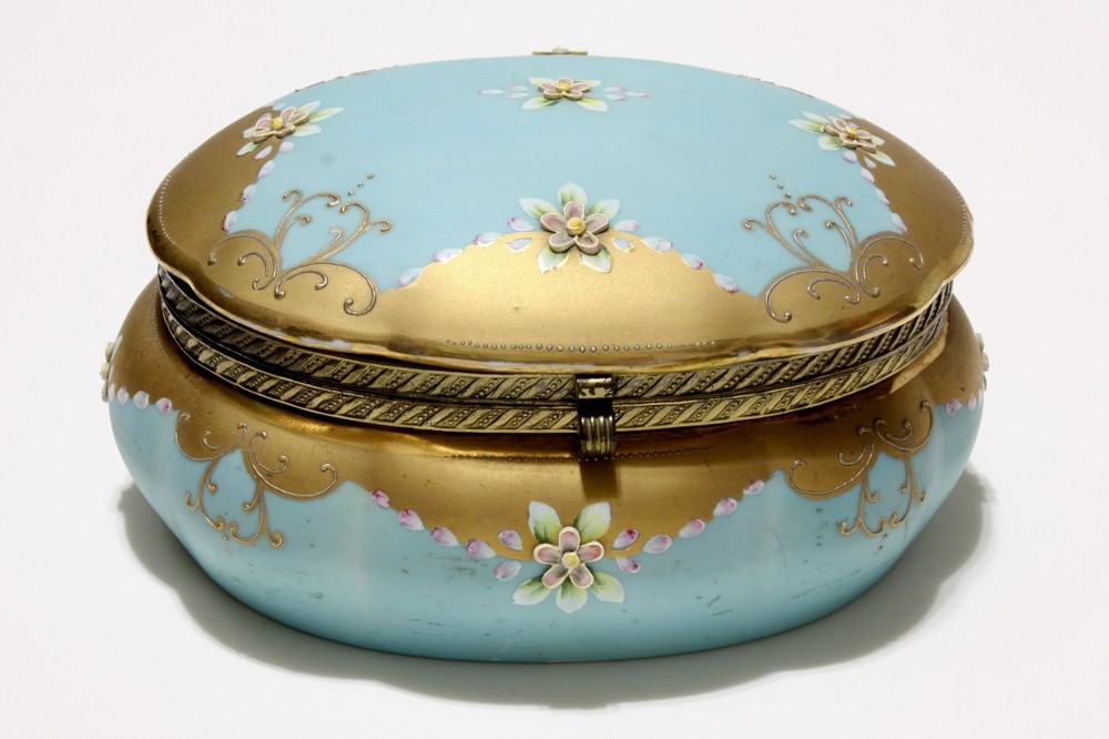 Vintage Ardalt Lenwile Floral Jewelry Box Blue Gold Enamel Japan 7 Inch