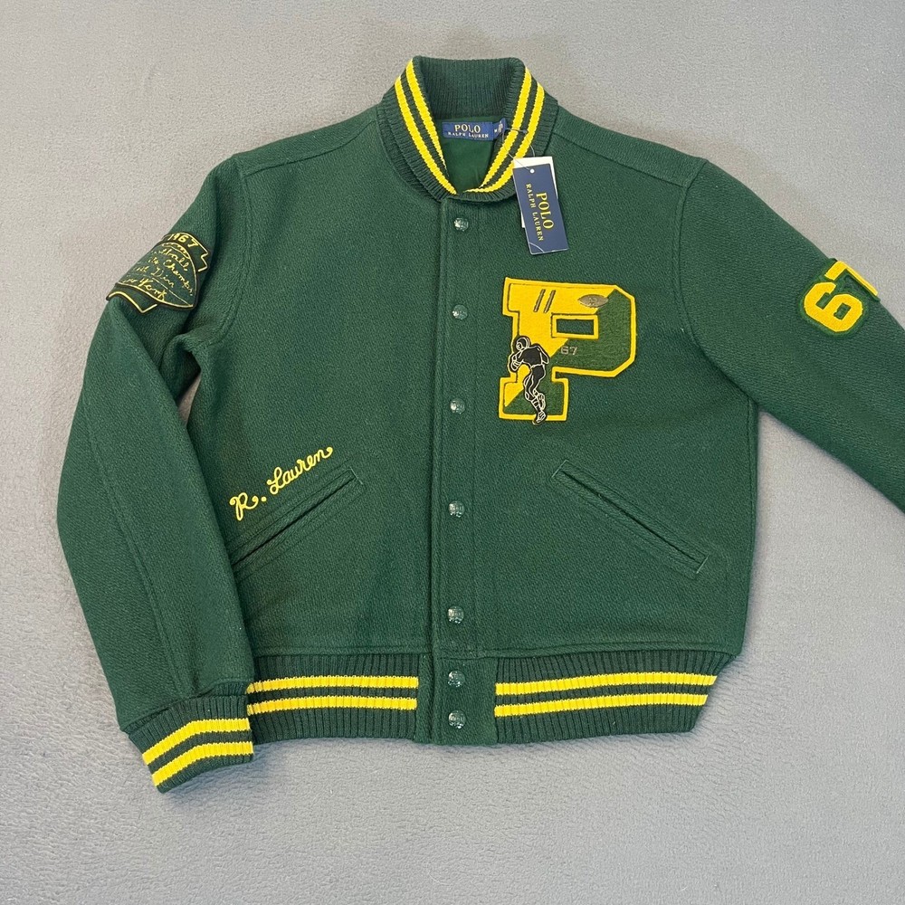Polo Ralph Lauren Green Yellow Varsity Letterman Jacket Tiger Patch RL Tiger Med