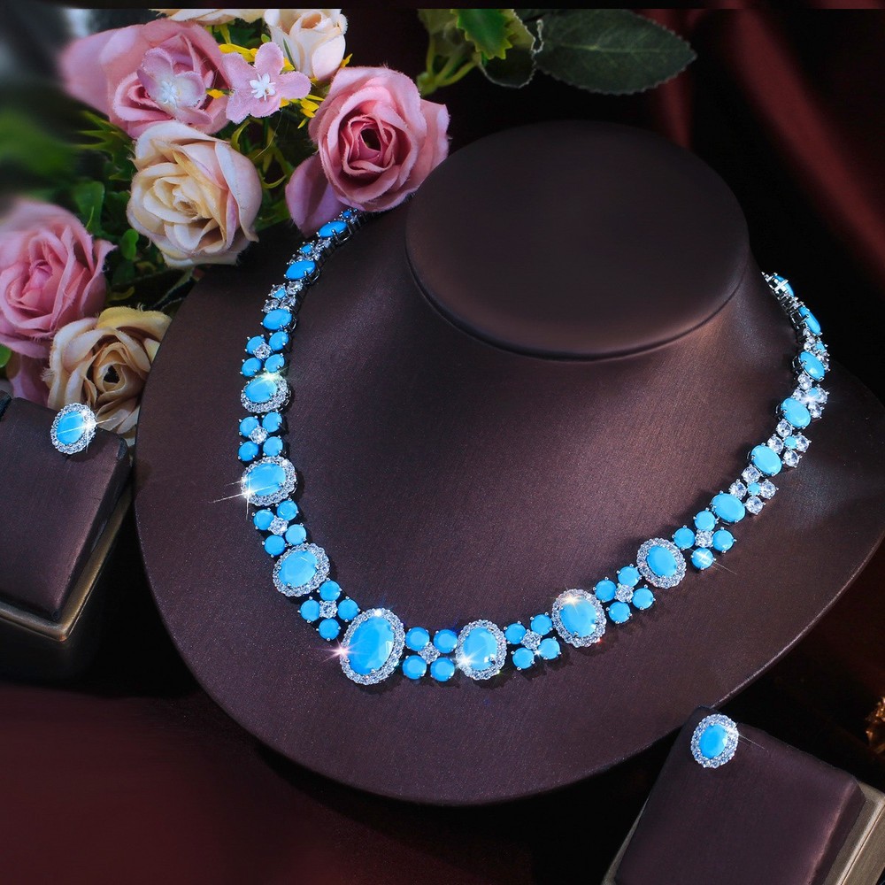 Women Wedding Blue Turquoise Necklace and Earrings Silver Plated CZ Jewelry Set