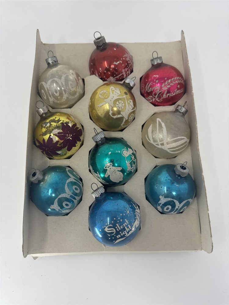 Vintage Shiny Brite Glass Ornaments Lot 10 Merry Christmas Silent Night Snowman