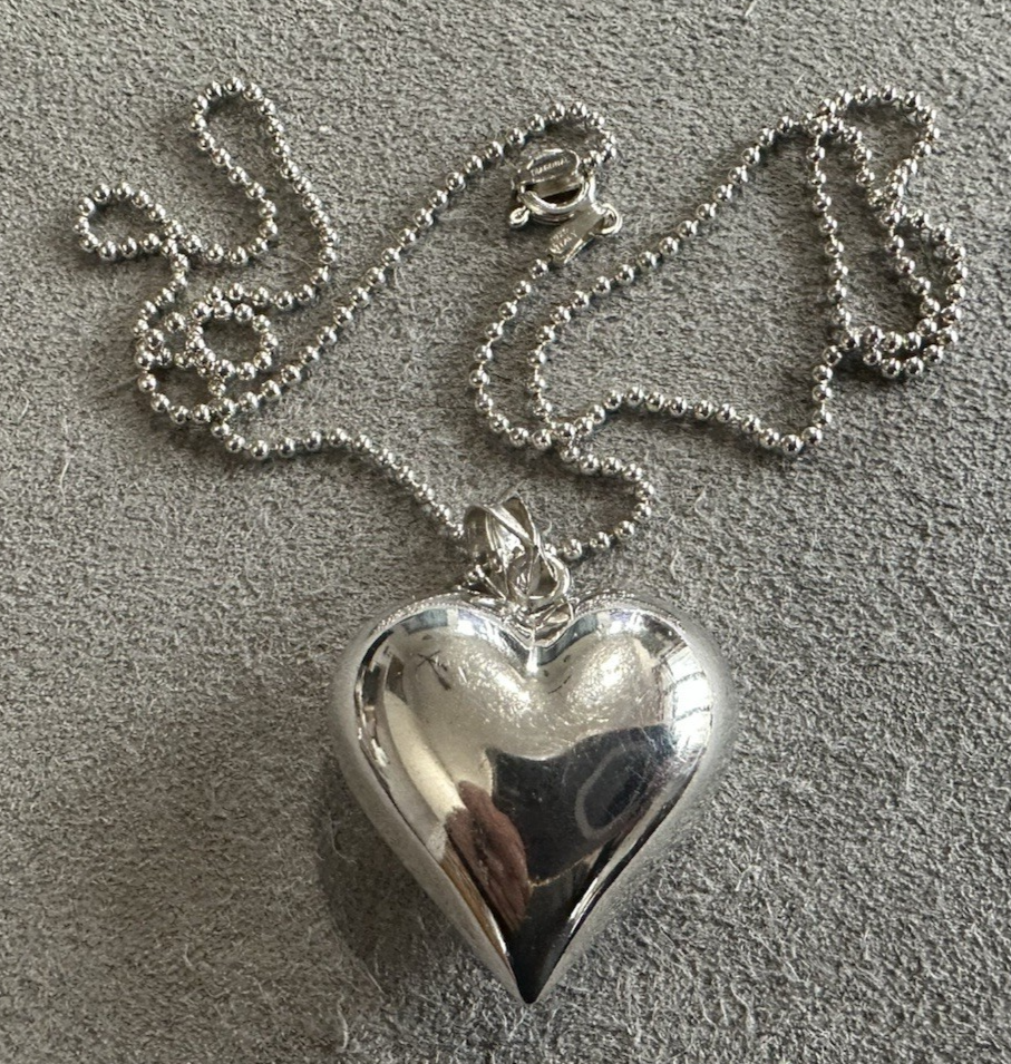 Vintage Sterling Silver Puffy Heart Pendant Necklace 18