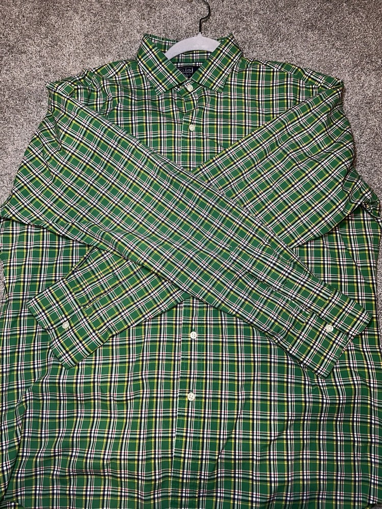 Ralph Lauren Estate Sport 100% Cotton Large Green Plaid Polo Shirt #H