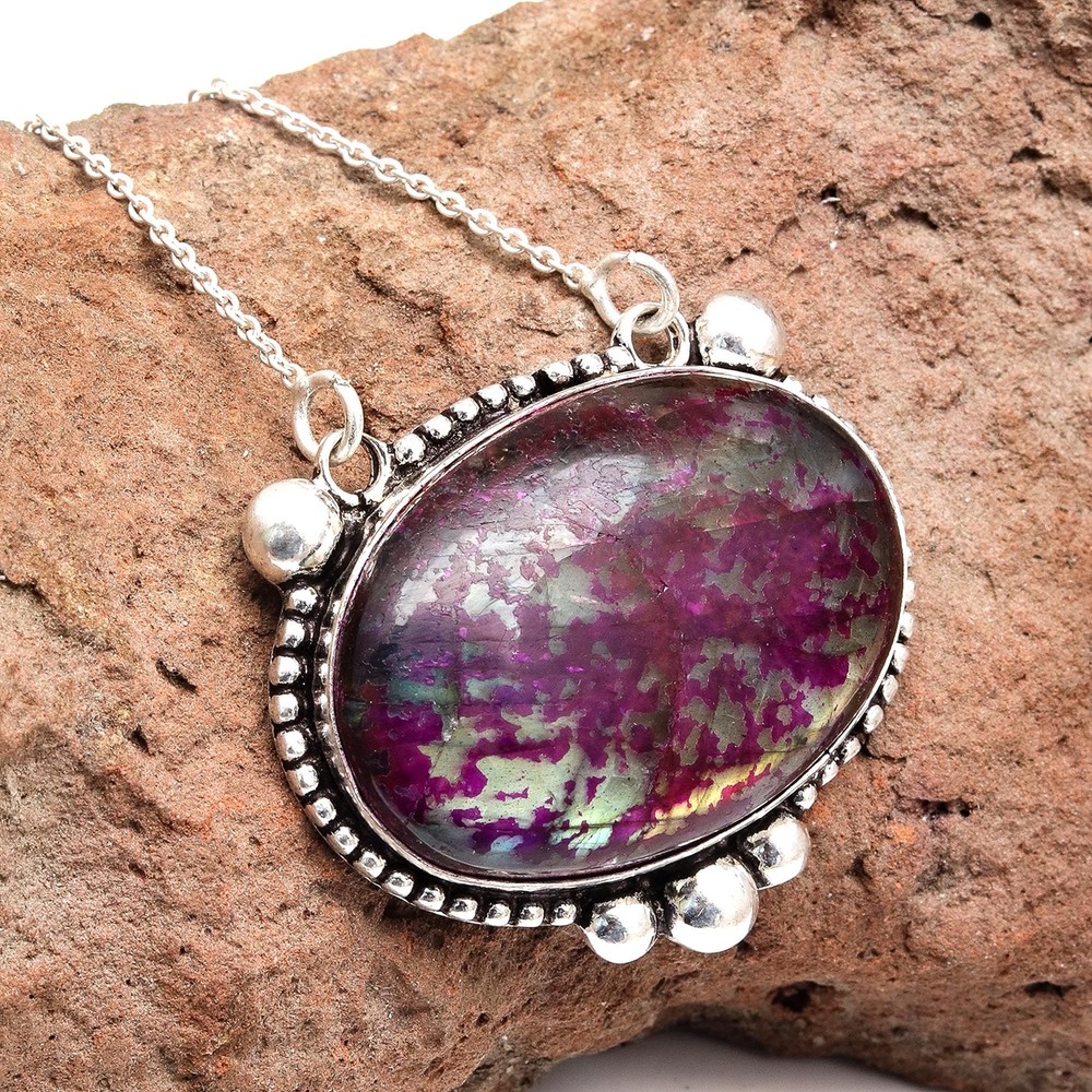 Sterling Silver Pendant with Fiery Peridot Labradorite Gemstone 2.5 Inches